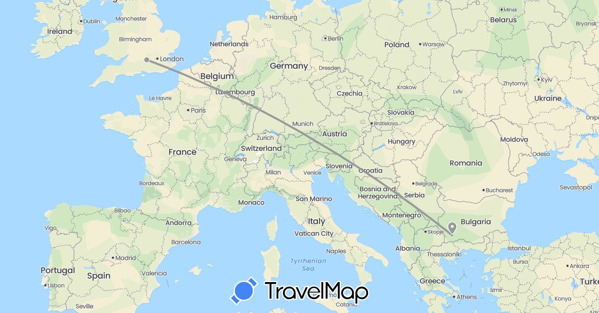 TravelMap itinerary: driving, plane in Bulgaria, United Kingdom (Europe)