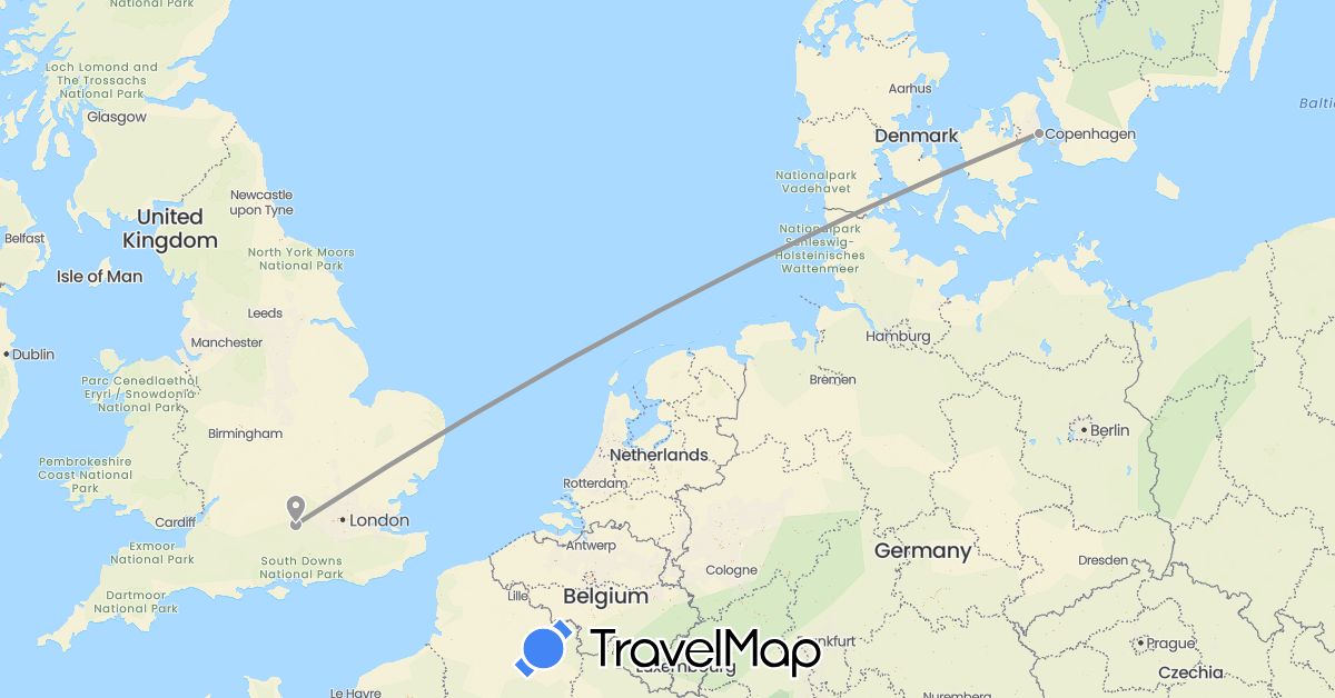 TravelMap itinerary: driving, plane in Denmark, United Kingdom (Europe)